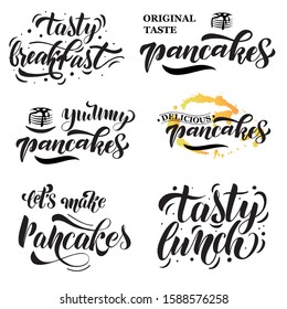 Set of lettering quotes for Mardi Gras, Shrove Tuesday. Yummy pancakes. Always fresh. Tasty breakfast. Signboard for cafe, restaurant, bakery. Vector illustration.