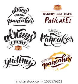 Set of lettering quotes for Mardi Gras, Shrove Tuesday. Yummy pancakes. Always fresh. Tasty breakfast. Signboard for cafe, restaurant, bakery. Vector illustration.