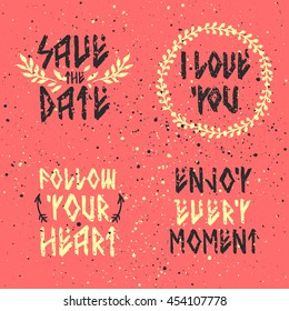 Set of lettering runic script quotes. Hand drawn inscriptions with flowers and wreaths, motivation calligraphy poster or card nordic style design.