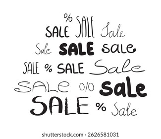 Set of lettering Sale and Percents. Collection of bold and italic Text. Discount, promotion, offer in store. Black Calligraphy and symbol for marketing, promo. Design element. Vector illustration