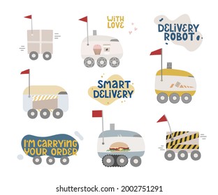 Juego de letras, robots de entrega autoconducidos. Equipo inteligente para el transporte de pedidos. Puede usarse para noticias, artículos, tiendas, publicidad, pegatinas