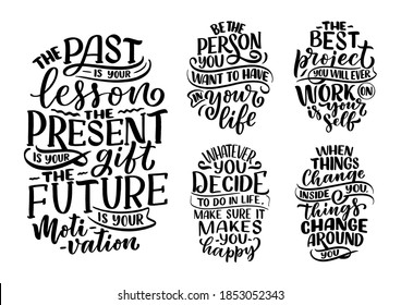 Set with lettering slogans about be yourself. Funny quotes for blog, poster and print design. Modern calligraphy texts about selfcare. Vector illustration