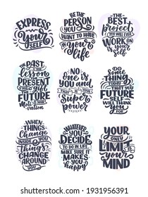 Set with lettering slogans about be yourself. Funny quotes for blog, poster and print design. Modern calligraphy texts about selfcare. Vector illustration