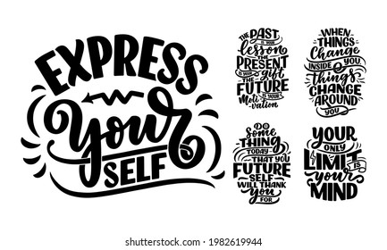 Set with lettering slogans about be yourself. Funny quotes for blog, poster and print design. Modern calligraphy texts about selfcare. Vector