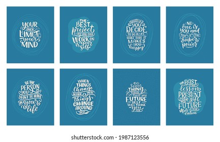 Set with lettering slogans about be yourself. Funny quotes for blog, poster and print design. Modern calligraphy texts about self care. Vector illustration