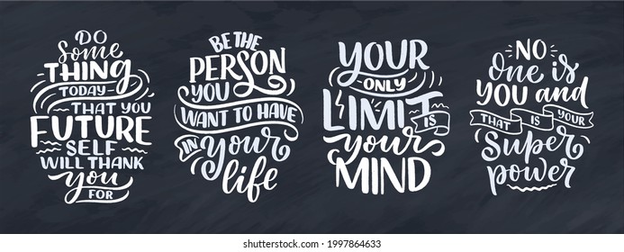 Set with lettering slogans about be yourself. Funny quotes for blog, poster and print design. Modern calligraphy texts about self care. Vector illustration