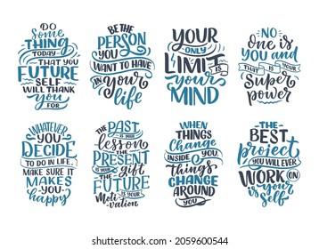 Set with lettering slogans about be yourself. Funny quotes for blog, poster and print design. Modern calligraphy texts about self care. Vector illustration