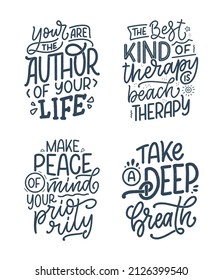 Set with lettering slogans about therapy. Funny quotes for blog, poster and print design. Modern calligraphy text. Mental healthcare