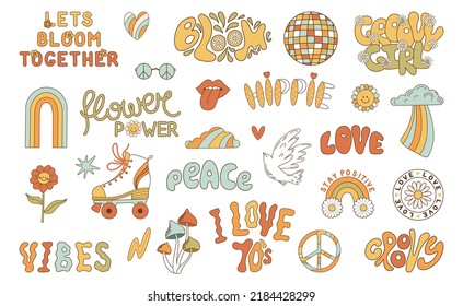 Set lettering and stickers retro 1970s. Psychedelic groove elements. Funny illustrations Pacific, mushroom and rainbow in flat style. Positive and peace symbols in vintage style. Vector