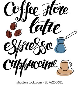 Set of lettering style words for coffee business. Doodle graphic elements with watercolor splashes. Vector phrases for the coffee shop. Turk, coffee beans, mug.