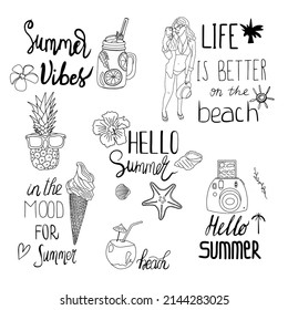 set of lettering and summer doodle with girl, ice-cream, pineapple, camera