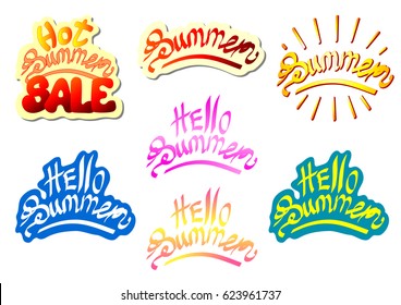Set lettering summer multi color. Hello, hot, sale, red, yellow, pink, blue and shadows. Isolated on white background. Vector illustration of a horizontal format.