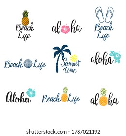 Set lettering summer phrases with design elements isolated on white background. Summer typography for photo overlays, t-shirt print, flyer, poster design. Beach life message, vector illustration