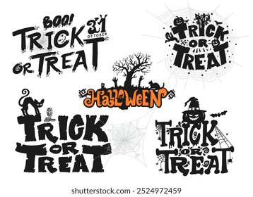 Set of lettering Trick Or Treat Text with silhouette black scary cat, jack-o-lantern, skeleton hand, graveyard, spider web. Collection of Trick or Treat calligraphy. Template holidays Happy Halloween.