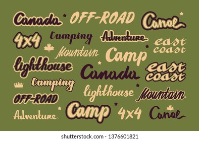 Set of lettering for t-shirt. Graphic design on the theme of camping, travel, expedition and active lifestyle. Color print on green background