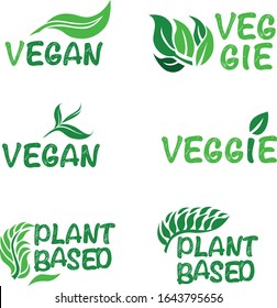 Set of lettering Vegan, plant based logo with leafs