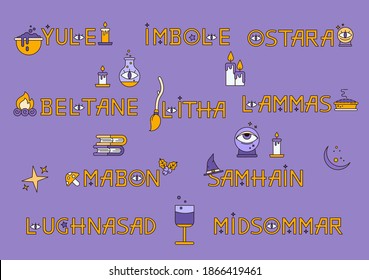 Satz von Schreibrad der Saison.  Samhain, Yule, Imbolc, Ostara, Gürtel, Litha, Lammas und Mabon, mit Symbollieferant. Rad des Jahres. Ein Zyklus der Festivals. Wiccan, heidnischer Kalender. Vektorgrafik