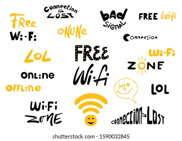 Set of lettering for Wifi and Internet access. Handwriting  flat vector signs in cartoon style.