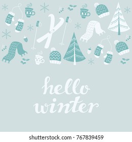 Set of Lettering and Winter Elements: Skis, Mittens, Hat, Christmas Tree and Snowflakes.