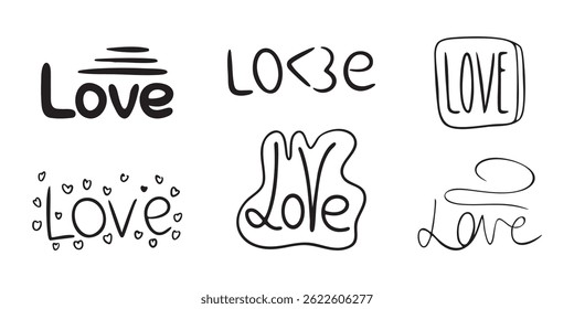 Set of Lettering word Love with elements. Decorative font with Heart shape. Cursive and bold romantic Text. Collection of isolated ink calligraphy for wedding, date, Valentine day. Vector illustration
