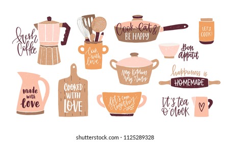 Set of lettering written with cursive font and decorated with cookware, kitchen utensils for home cooking and tools for food preparation isolated on white background. Colorful vector illustration.