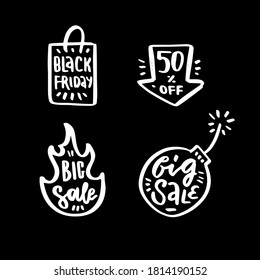 Set of letterings and hand drawn elements for black friday design. White textured chalk prints in black background. Bug Sale. 50 percent off