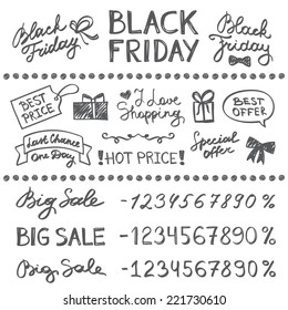 set of letterings and hand drawn elements for black friday design