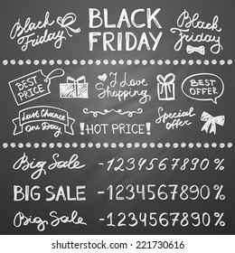 set of letterings and hand drawn elements for black friday design