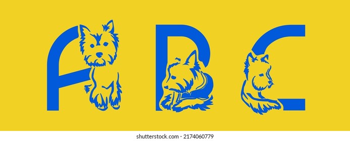 Juego de letras A, B, C con Yorkshire terrier. Alfabeto decorativo inusual. Alfabeto de perro basado en el diseño gestalt