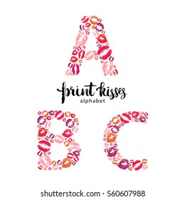 Set of letters  A, B and C, made from print kisses,  part of a complete alphabet collection for your writing or design