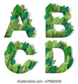 Set of letters A, B, C, D of leaves. Paper cut art.