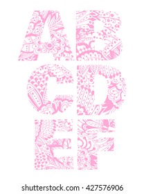 Set of letters A,B,C, D, E, F with pink floral pattern. Beautiful hand-drawn letters with a pattern. The oriental style. Tribal style. Summer floral ABC element in vector