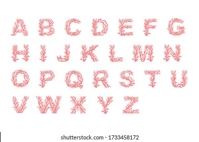 Set of letters alphabet pink colored seaweeds underwater ocean plant sea coral elements flat vector illustration on white background