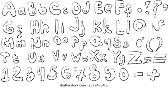 set of letters, alphabet, symbols and numbers. vector image. hand-drawn in graffiti style. punctuation marks. isolated objects on a transparent background