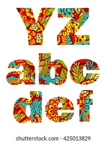 Set of letters big Y, Z, small a, b, c, d, e, f with bright floral pattern. Beautiful hand-drawn letters with a pattern. The oriental style. Tribal style. Summer floral ABC element in vector