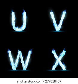 Set of letters in blue flame. Isolated on a black background. Vector Image.