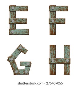 Set of letters from boards with nails. Vector Image.