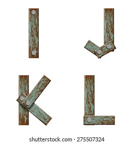 Set of letters from boards with nails. Vector Image.