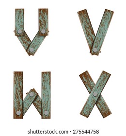 Set of letters from boards with nails. Vector Image.