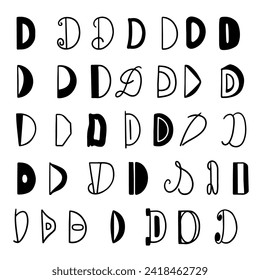 Set of letters D in different styles. Hand drawn lettering. Isolated on white background.