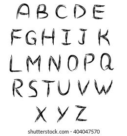 Set of letters drawn by hand with a rough brush. English alphabet. Vector illustration. Sketch, grunge. Black font.