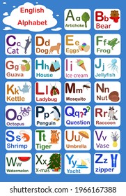 Set of letters of the English alphabet abc for children. Vector illustration of the English alphabet with words and pictures