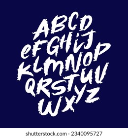 A set of letters of the English alphabet, drawn by hand with a brush. Lettering. Unique modern brush font. Latin alphabet. Vector alphabet on a blue background.