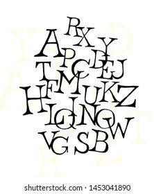 Set of letters of the English font. Vector. Alphabet of latin letters. The style is free, arbitrary, inscription of characters by hand. Something like a classic font.