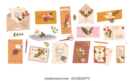 Set Of Letters And Envelopes Adorned With Delicate Flowers Evoke A Tender Touch, Infusing Messages With Fragrance