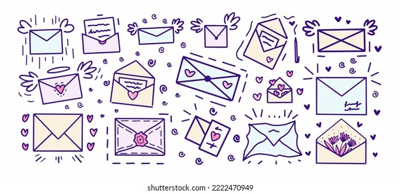 Set of letters envelopes with cute hearts wings flowers love. Vector doodle illustration. Valentine's Day. Design of postcards, posters, packaging, textiles, valentines, gift boxes, souvenirs