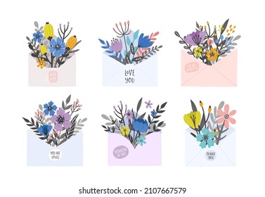 Set of letters with flowers. Hand drawn vector illustration.