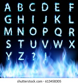 Set Of Letters. Font Burning With A Blue Flame. Stock Vector Illustration.