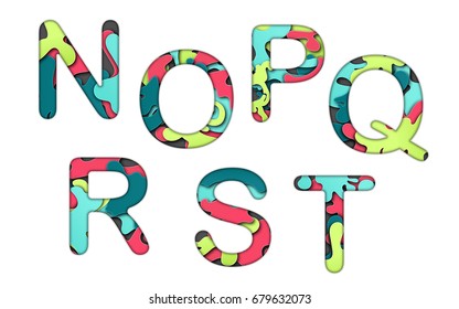 Set of letters font n, o, p, q, r, s, t. Multilayer colorful letters. Paper art carving. Creative typography characters.