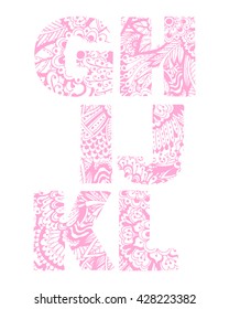 Set of letters G, H, I, J, K, L with pink floral pattern. Beautiful hand-drawn letters with a pattern. The oriental style. Tribal style. Summer floral ABC element in vector